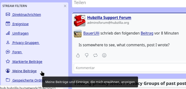 Bild der Streamfilter; der Mauszeiger zeigt auf "Meine Beiträge"