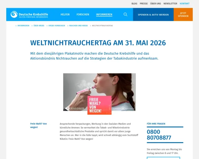 Screenshot der Webseite der Deutschen Krebshilfe zum Thema Weltnichtrauchertag 2026. Die Hand eines nicht zu sehenden Anzugträgers steckt einem jungen Mädchen eine E-Zigarette in den Mund, wobei es so aussieht, als würde er ihr den Lauf einer Pistole in den Mund stecken. Ausgesprochen geschmacklos!